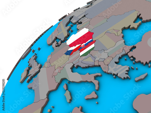 Visegrad Group with national flags on 3D globe.