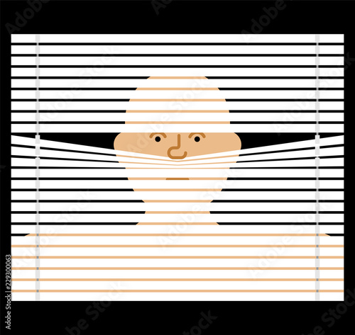 Pry through jalousie. watching through blinds. Spying vector illustration