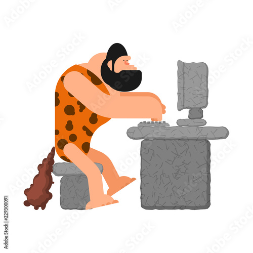 Caveman and computer. Prehistoric man and PC. ancient laptop.