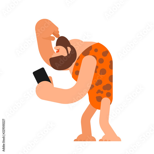 Caveman and Smartphone. Prehistoric man and Phone. ancient Gadget