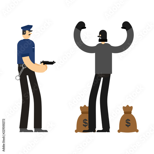 Cop and Robber Detention. Policeman and burglar arrest. Officer Police and mugger and money bag. Vector illustration