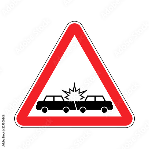 Attention Car crash. Caution Accident cars. Transportation wreck symbol. Red Danger road sign.