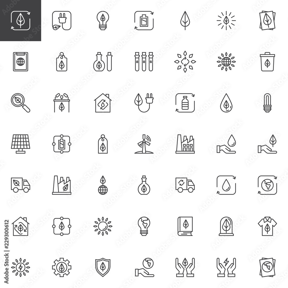 Ecology outline icons set. linear style symbols collection, line signs pack. vector graphics. Set includes icons as Green leaf, Eco Plug, Light bulb, Solar panel, Battery, Recycle water, Environment