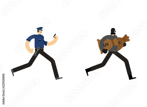 Cop and Robber Detention. Policeman and burglar arrest. Officer Police and mugger and money bag. Vector illustration