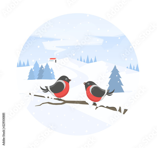 Winter landscape and bullfinches on branch. Winter holiday. Christmas banner. Vector illustration in flat style.