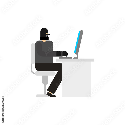Hacker and PC. Robber internet. Virutal crime. burglar at computer.