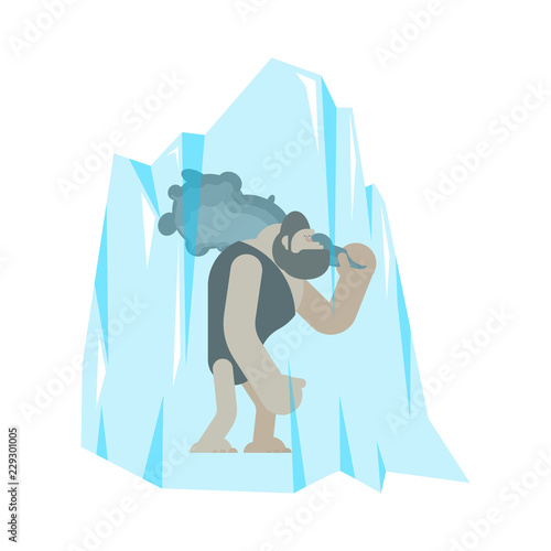 Caveman frozen in ice. Prehistoric man and club. ancient ice Age weapon