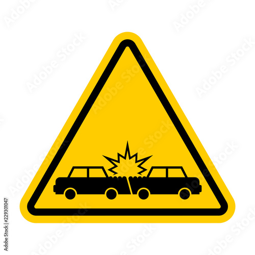 Attention Car crash. Caution Accident cars. Transportation wreck symbol. yellow Danger road sign.
