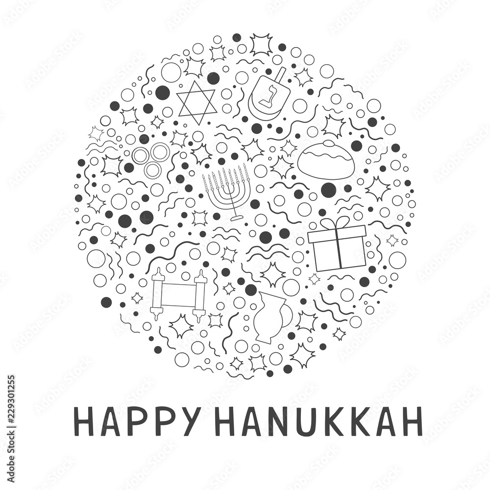 Hanukkah holiday flat design black thin line icons set in round shape with text in english