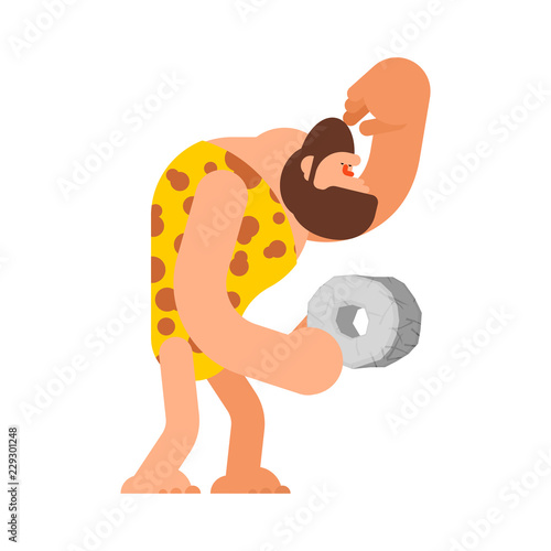 Caveman and Stone wheel. Prehistoric man and thinks.