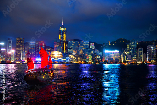 Photography Victoria Harbour Hong Kong night view with junk ship on foreground