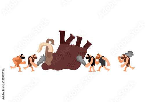 Hunt for mammoth. caveman Prehistoric man Hunter. Homosapiens people. Paleolithic life. Vector illustration
