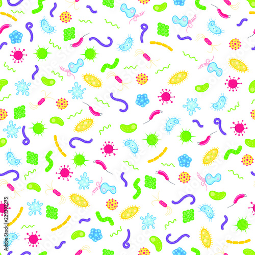 Bacterial microorganisms, germs and viruses colorful seamless pattern. Viruses, infections colorful, micro-organisms disease objects, cell cancer vector flat style design vector illustration on white.