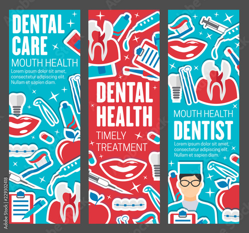 Dentistry banners, doctor and dental care tools