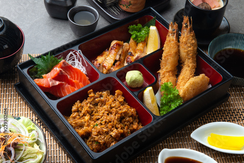 japanese bento set with dark background