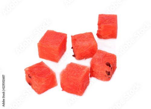 Top view Watermelon dice on white background