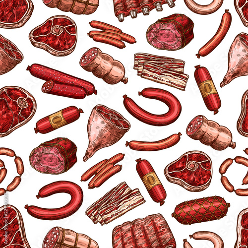 Meat seamless pattern of beaf steak, pork, sausage