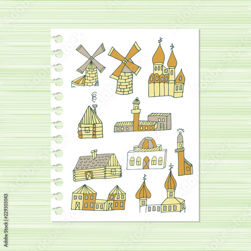 Mill, cottage, lighthouse. Set. Sketch. Doodle
