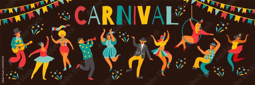 Hello Carnival Vector illustration of funny dancing men and women in bright costumes