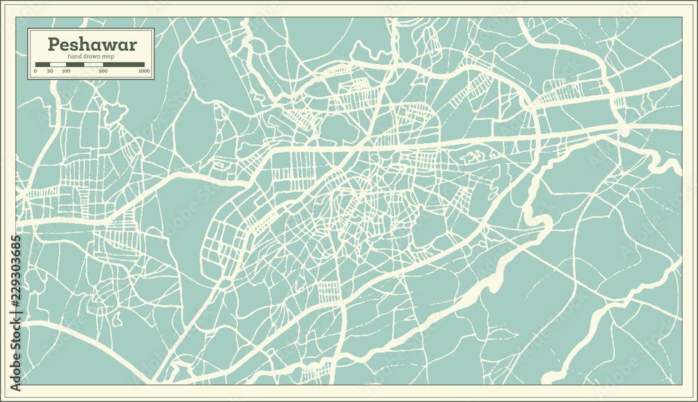 Fototapeta premium Peshawar Pakistan City Map in Retro Style. Outline Map.