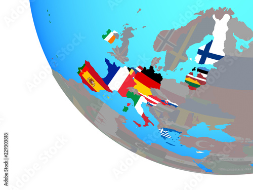 Eurozone member states with national flags on simple globe.