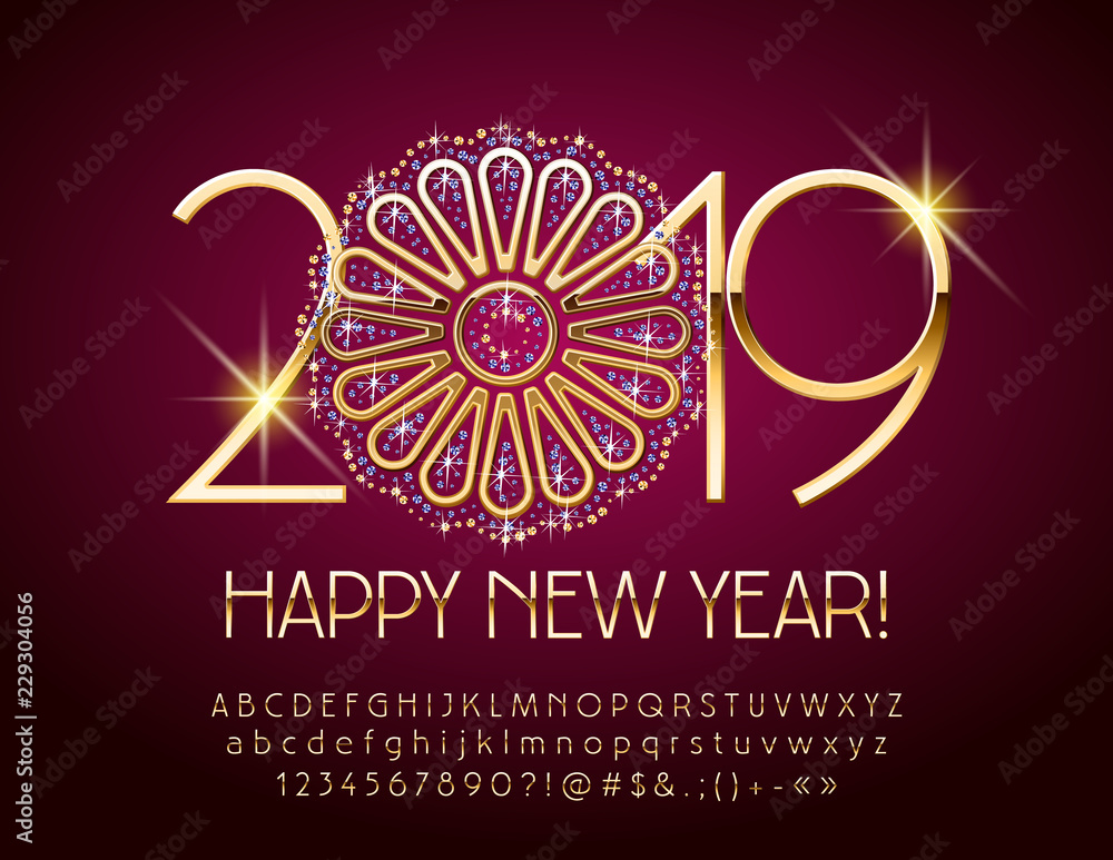 Vector stylish Greeting card Happy New Year 2019 with chic Snowflake. Set Golden of Alphabet Letters, Numbers and Symbols.