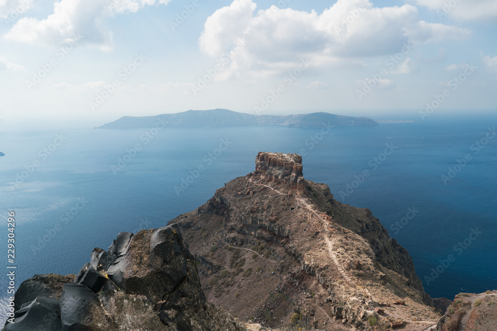 Image of Santorini island and the Skaros rock.