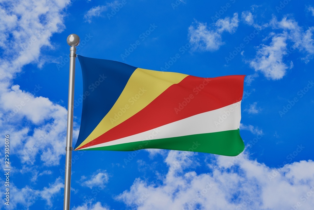 Seychelles national flag waving isolated in the blue cloudy sky 3d illustration Seychelles national flag waving isolated in the blue cloudy sky 3d illustration