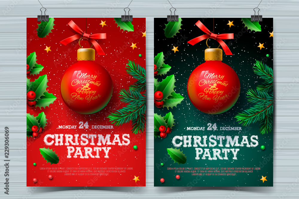 Christmas party design templates, posters with ball and Christmas decoration, vector illustration. - obrazy, fototapety, plakaty 