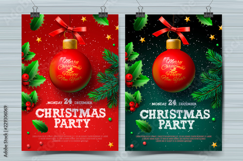 Christmas party design templates, posters with ball and Christmas decoration, vector illustration.