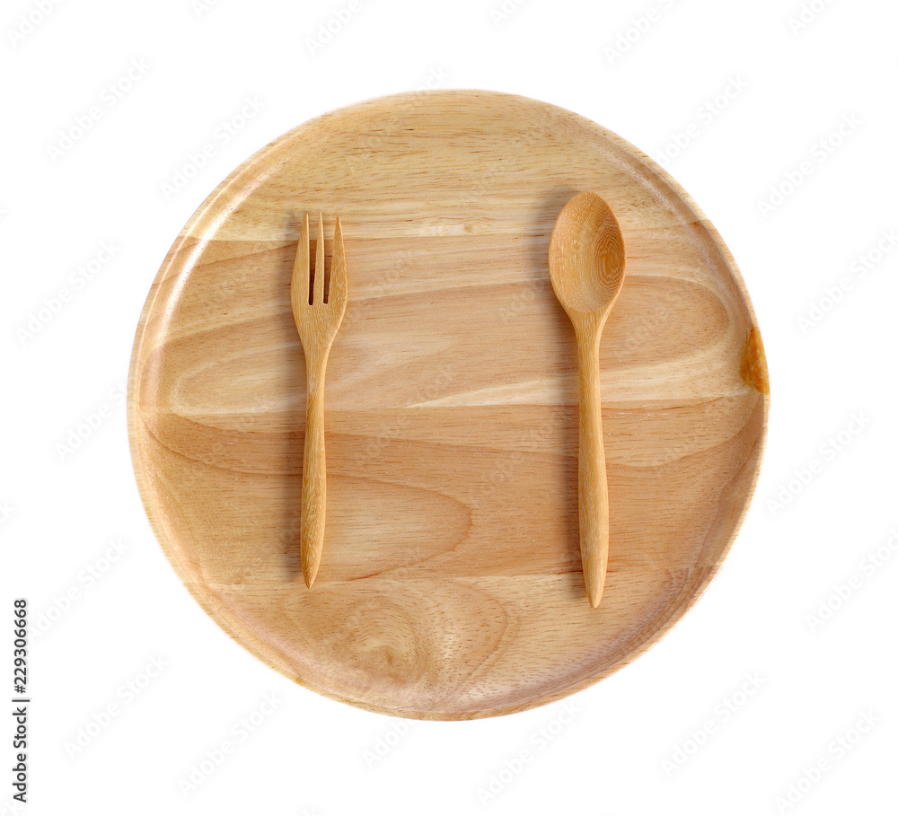 wooden plate, spoon and fork isolated on white background wooden plate, spoon and fork isolated on white background