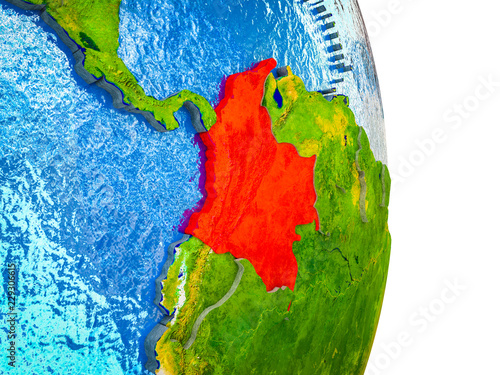 Colombia on 3D model of Earth with divided countries and blue oceans.