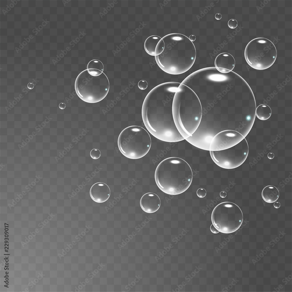 Realistic soap bubbles set isolated on the black transparent background. vector Illustration Realistic soap bubbles set isolated on the black transparent background. vector Illustration