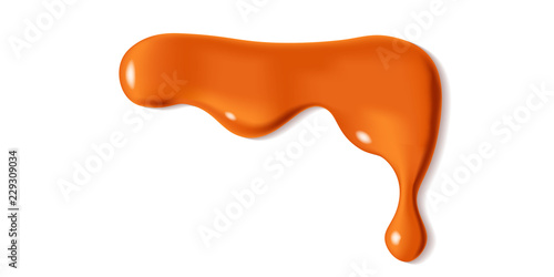Melted caramel drop of sweet sauce isolated on white background. Orange or brown paint stains design. Vector illustration. Realistic horizontal leaking syrup dripping