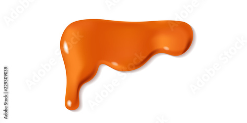 Melted caramel drop of sweet sauce isolated on white background. Orange or brown paint stains design. Vector illustration. Realistic horizontal leaking syrup dripping