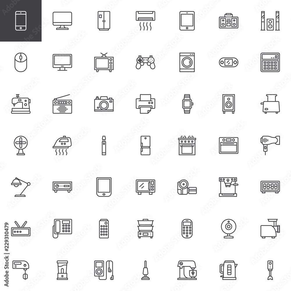 Home appliances outline icons set. linear style symbols collection line signs pack. vector graphics. Set includes icons as Tv monitor, fridge, air conditioner, washing machine, electric sewing machine