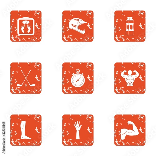 Strengthen body icons set. Grunge set of 9 strengthen body vector icons for web isolated on white background