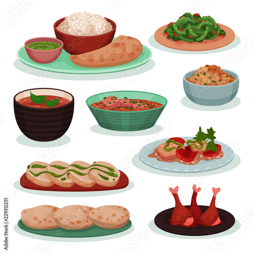 Collection of delicious Indian food, thali, green beans on wheat tortilla, tandoori, roti vector Illustration on a white background