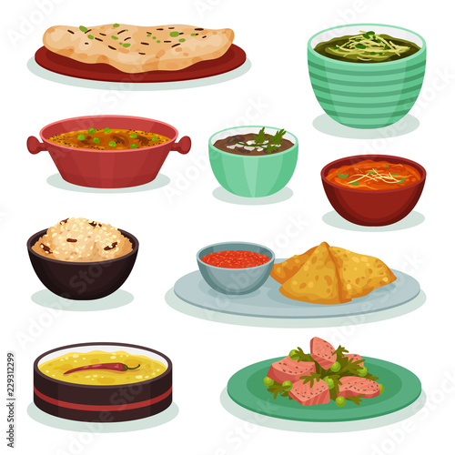 Collection of traditional Indian food, chapati, roti, dahi maach, samosa, palak paneer vector Illustration on a white background