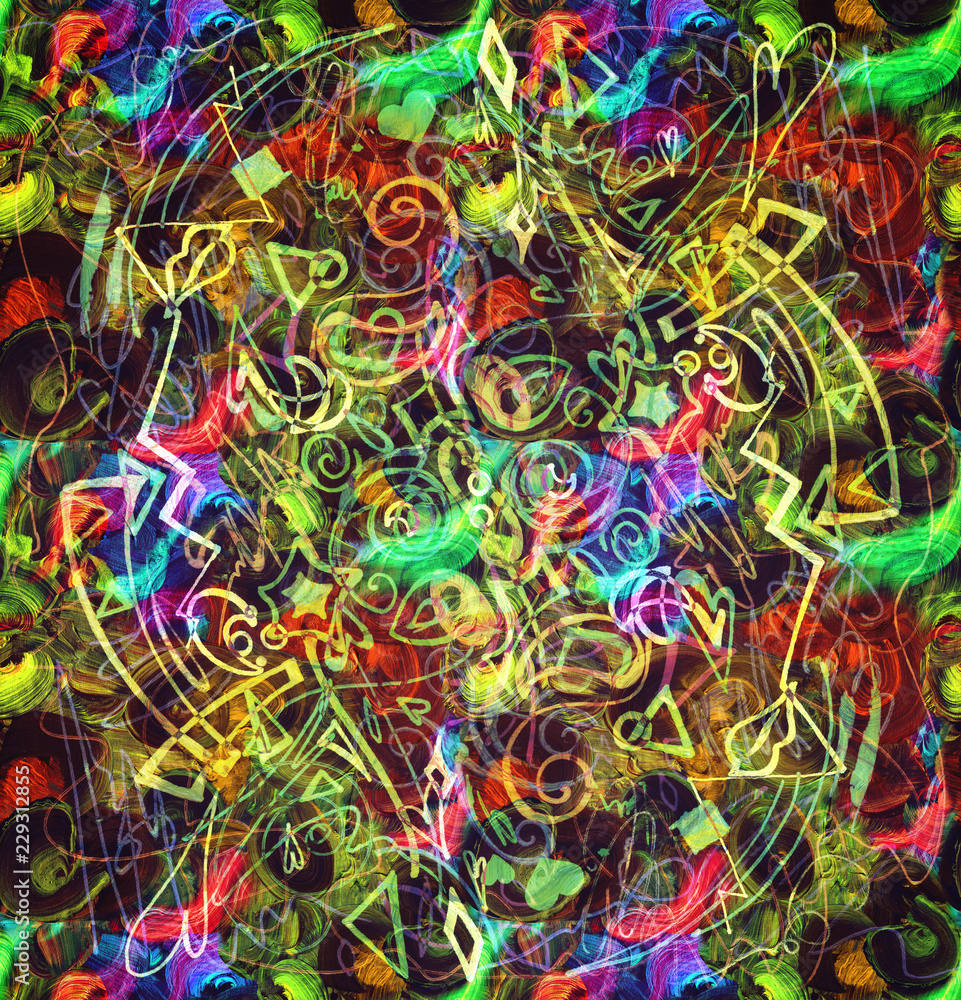 Fototapeta premium Abstract background colorful illustration. Bright graffiti art with symbols, object shapes and lines