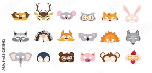 Set of photo booth props masks of wild and domestic animals. great for party and birthday. vector illustration
