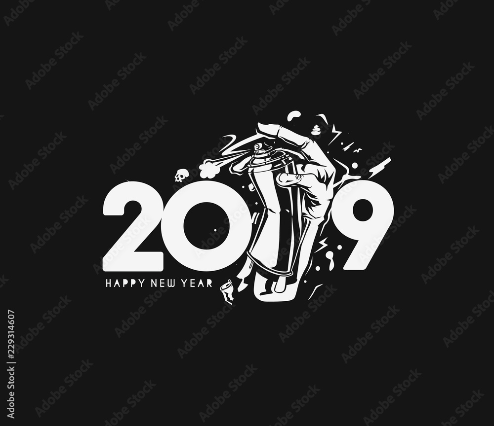 Happy New Year 2019 Text with spray paint design, Vector illustration.