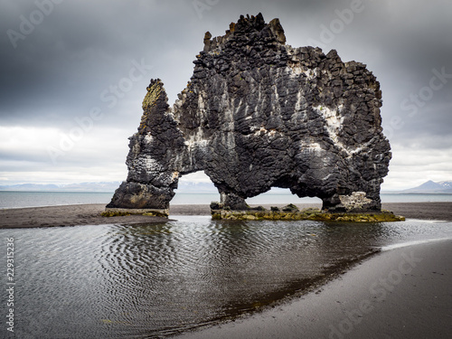 Dinosaur sculpture on Icelandic beach