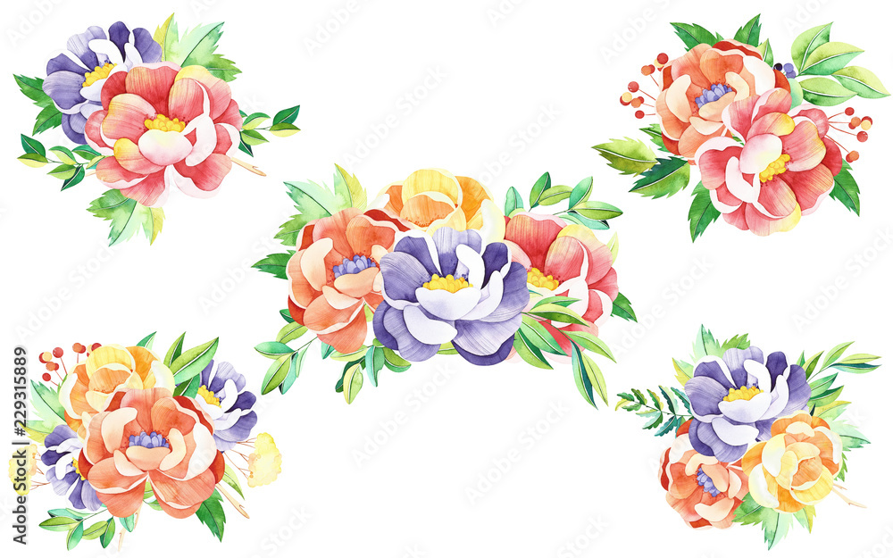 Watercolor flowers bouquets. Handpainted  watercolor bouquets with flowers, branches, leaves. Perfect for you postcard design, wallpaper, print, invitations, packaging etc.