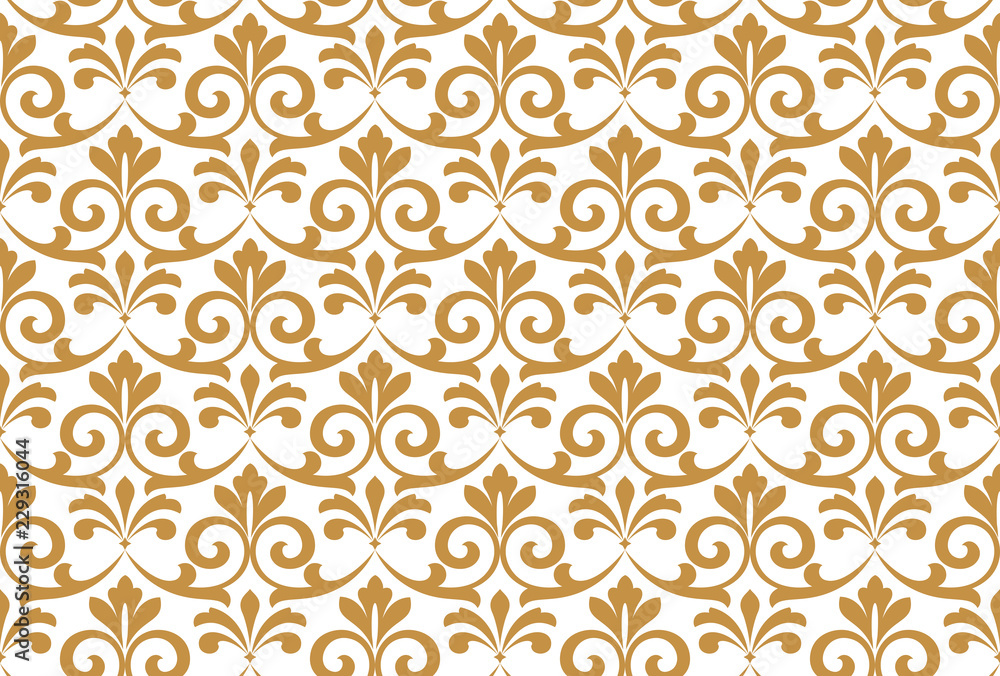Wallpaper in the style of Baroque. Seamless vector background. White and gold floral ornament. Graphic pattern for fabric, wallpaper, packaging. Ornate Damask flower ornament