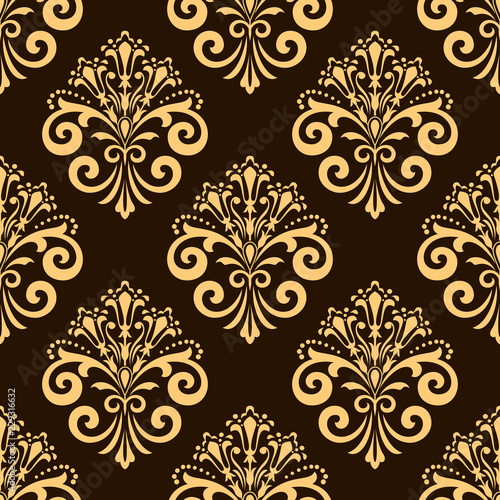 Wallpaper in the style of Baroque. Seamless vector background. Dark brown and gold floral ornament. Graphic pattern for fabric, wallpaper, packaging. Ornate Damask flower ornament