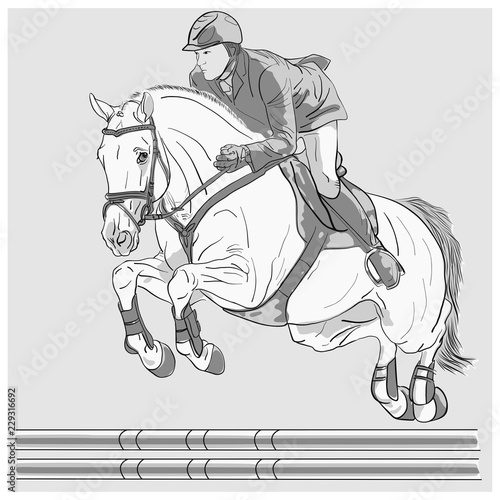 Equestrian, show jumping. An monochrome illustration of a rider and horse jumping over an obstacle.