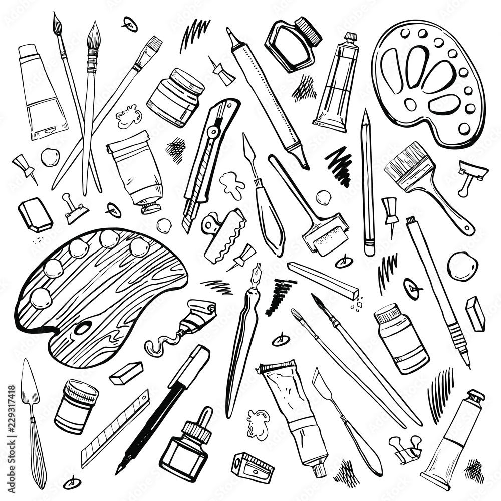 Set of hand drawn sketch vector artist materials. Black and white stylized  illustration with painting and drawing tools. Brushes, tubes, palettes, pen  and pencils isolated on white background Stock Vector | Adobe