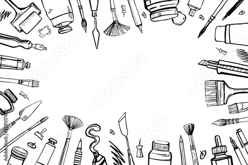 Frame with hand drawn sketch vector artist materials. Black and white  stylized illustration with painting and drawing tools. Brushes, tubes, pens  and pencils isolated on white background Stock Vector | Adobe Stock
