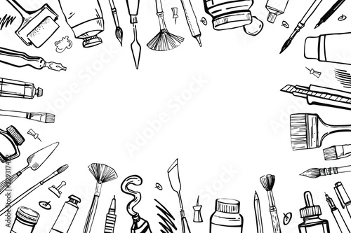 Frame with hand drawn sketch vector artist materials. Black and white stylized illustration with painting and drawing tools. Brushes, tubes, pens and pencils isolated on white background